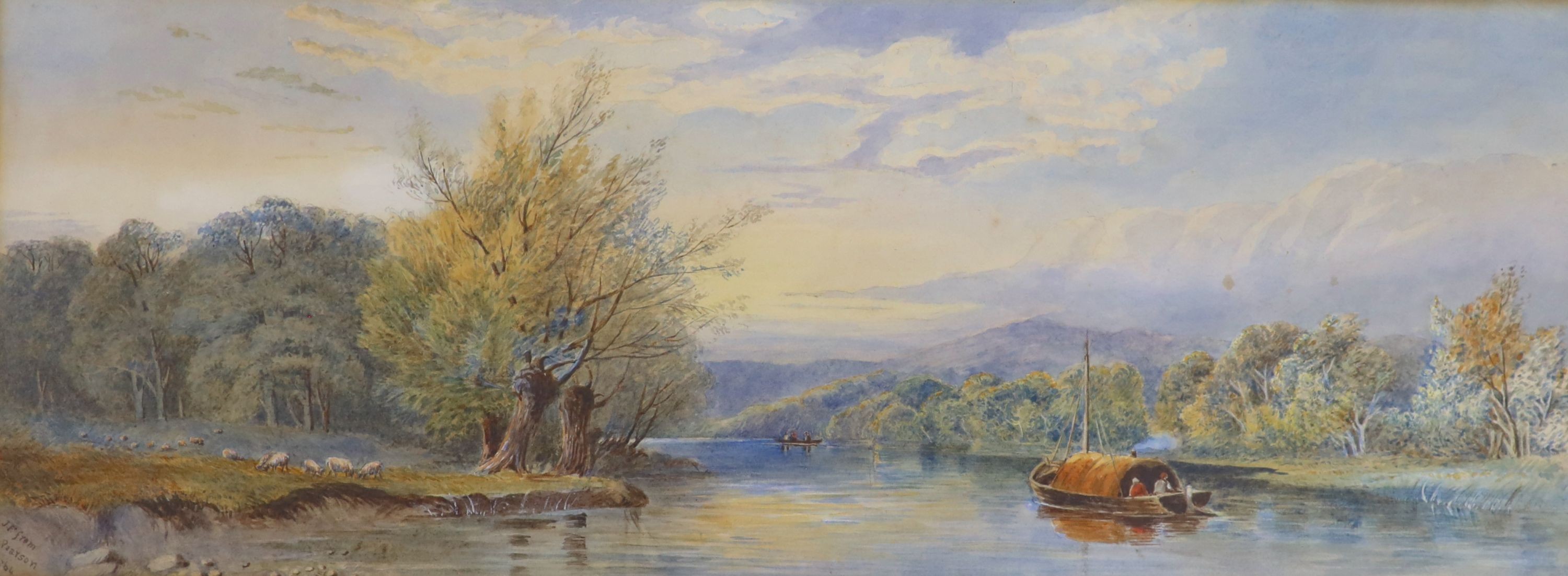 Cornelius Pearson (1805-1891), two watercolours, River landscape with barge and cattle beside a loch, signed and dated 1864/1867, 18 x 47 cm.
